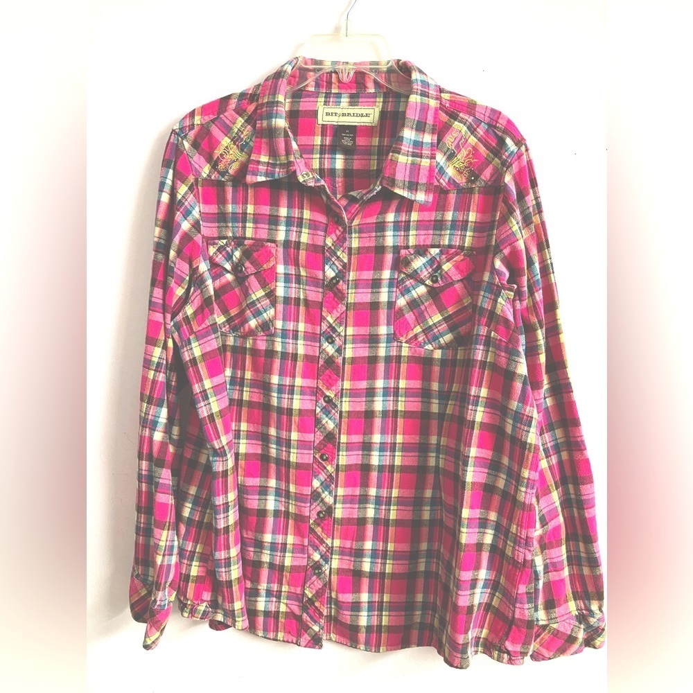 Bit & Bridle Women’s Plaid Flannel Shirt, 1X, Front Snap Closure, Pink, Tapered